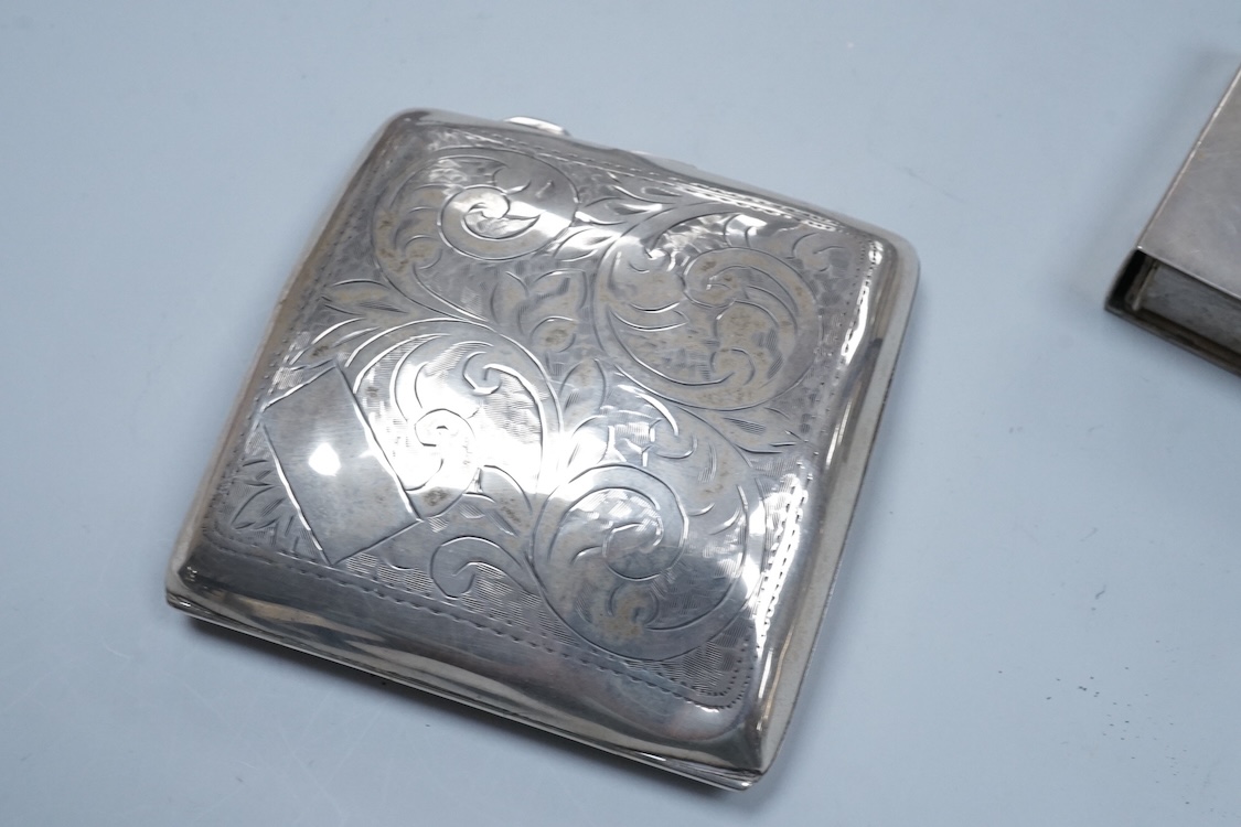 A George V engraved silver cigarette case, Birmingham, 1930, 82mm, a similar silver vesta case, London, 1913 and two silver matchbox sleeves.
